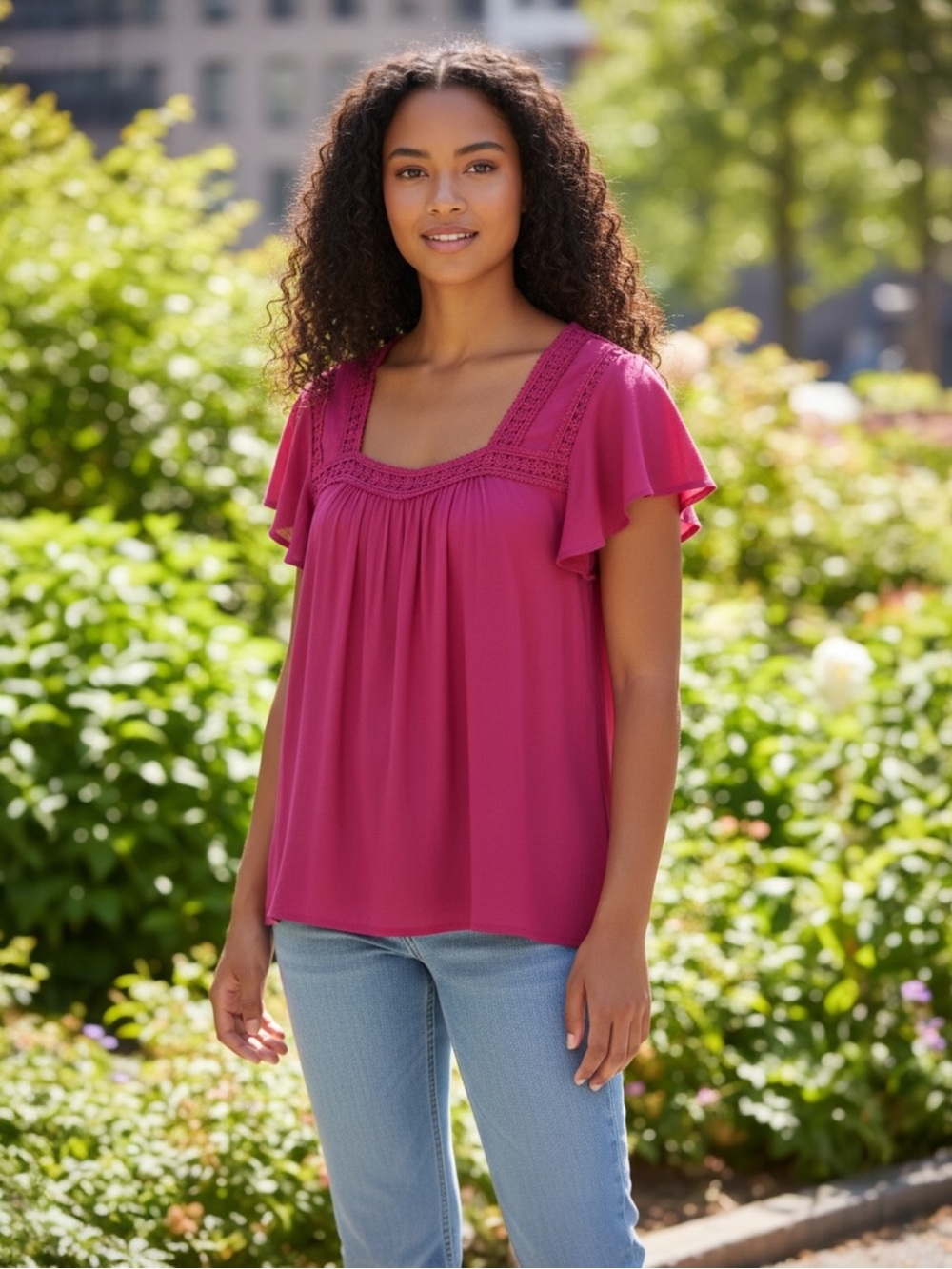 Counterparts Bright Pink Flutter Sleeve Top Women’s Large Lace Trim Blouse
